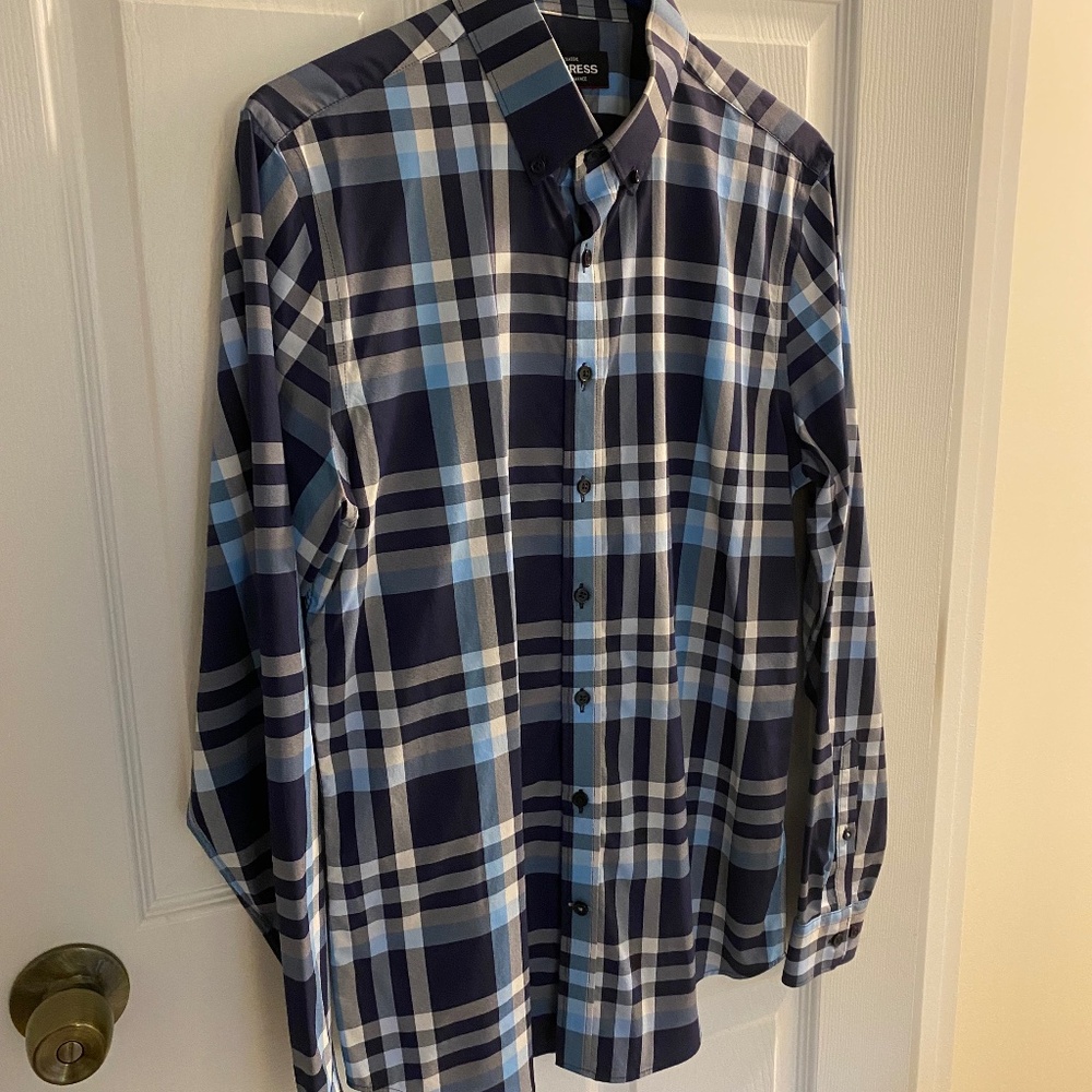 Express Men’s Performance Stretch Button Down, Size S, Navy/Blue/White Plaid